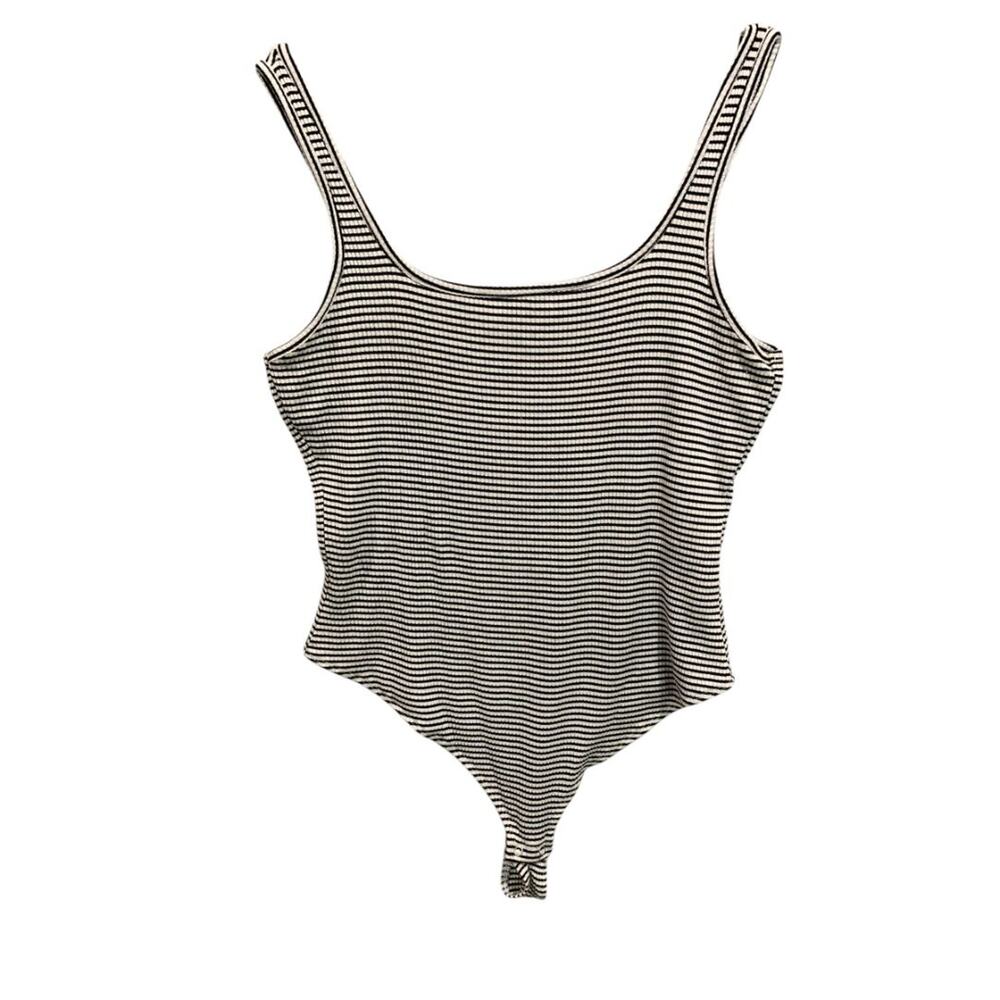 Large Garage Ribbed Knit Bodysuit Black White Sleeveless Stripe Snap Closure